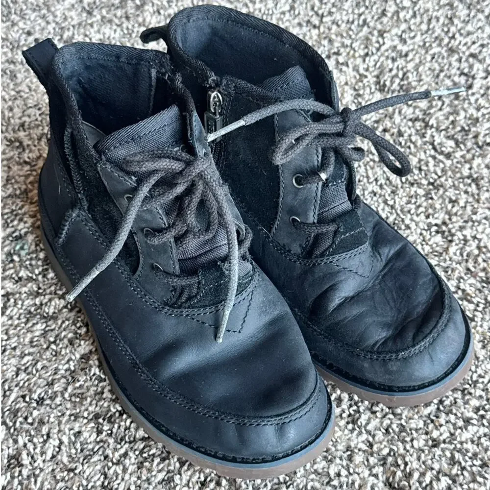UGG Kids Black Leather Lace-Up Ankle Boots Side Zip Youth US 2
